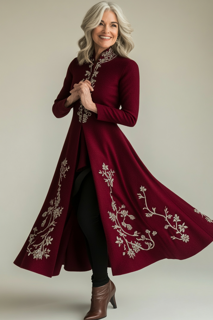 24. Embroidered Wool Maxi Dress in Wine Red (Winter Dresses For Women Over 50) - Winter Dresses For Women Over 50