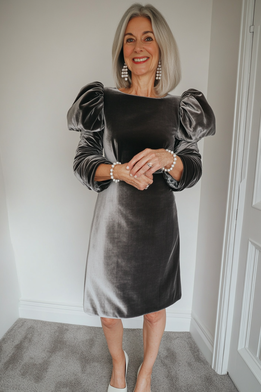 25. Velvet Midi Dress with Puff Sleeves in Graphite Gray (Winter Dresses For Women Over 50) - Winter Dresses For Women Over 50