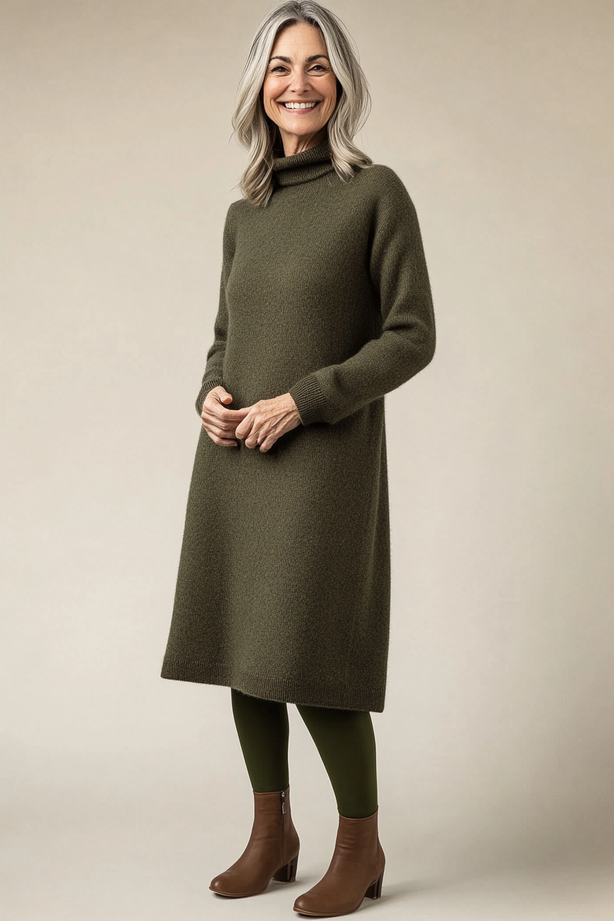 27. Relaxed Wool Sweater Dress in Earthy Moss (Winter Dresses For Women Over 50) - Winter Dresses For Women Over 50