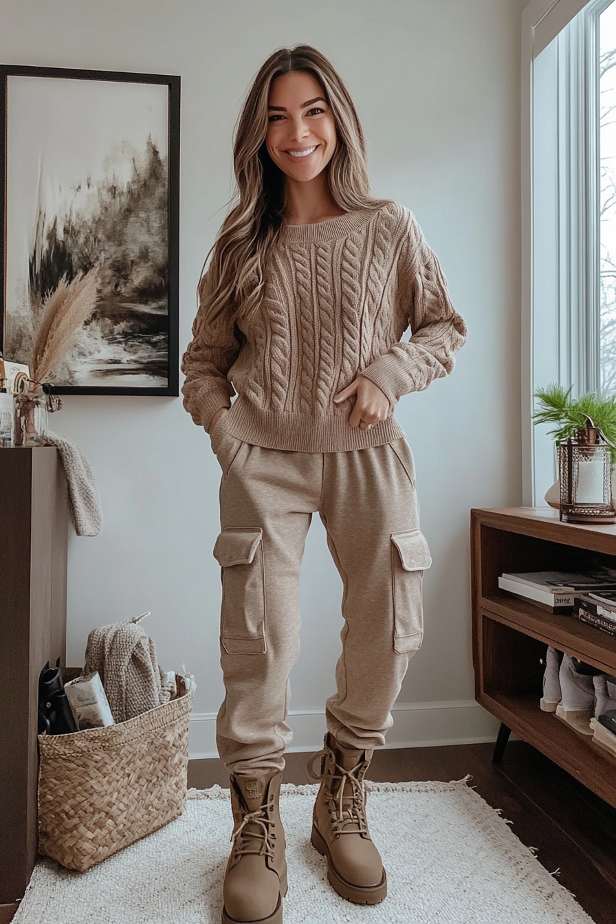 7. Cozy Knit & Cargo Sweatpants (Sweater And Sweatpants Outfit Ideas) - Sweater And Sweatpants Outfit Ideas