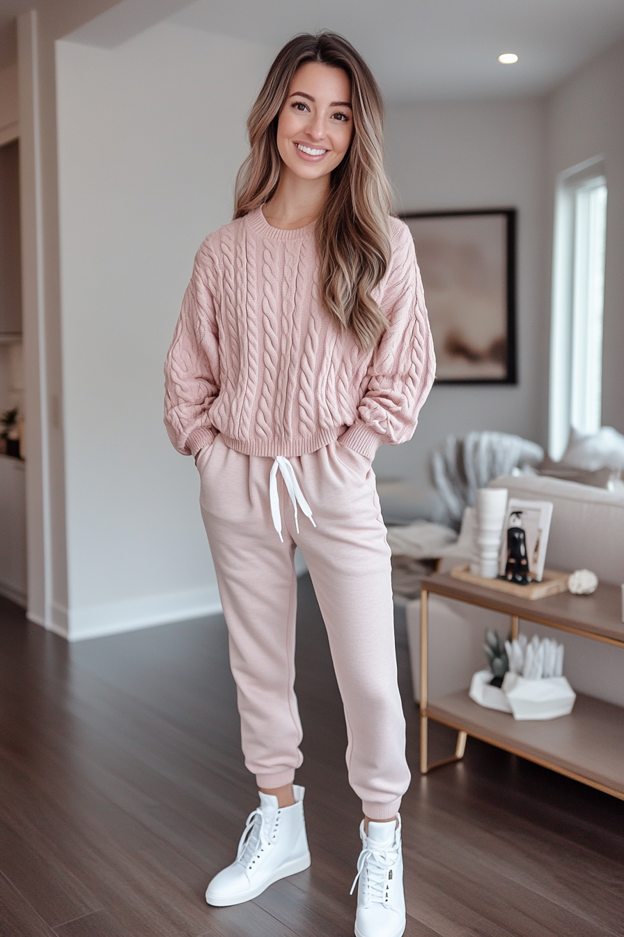 15. Soft Pastel Blush (Sweater And Sweatpants Outfit Ideas) - Sweater And Sweatpants Outfit Ideas