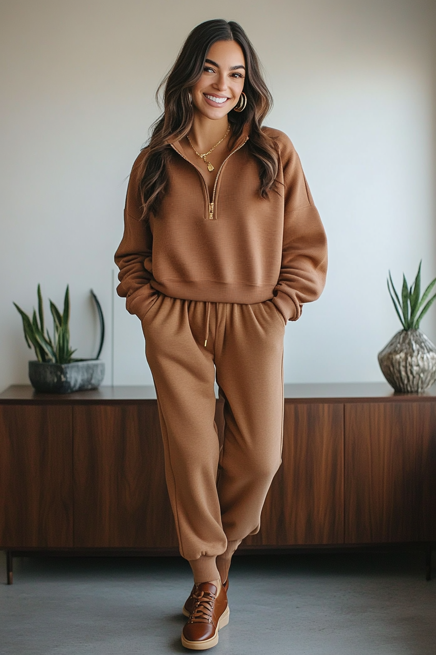 17. Urban Luxe Camel Tones (Sweater And Sweatpants Outfit Ideas) - Sweater And Sweatpants Outfit Ideas