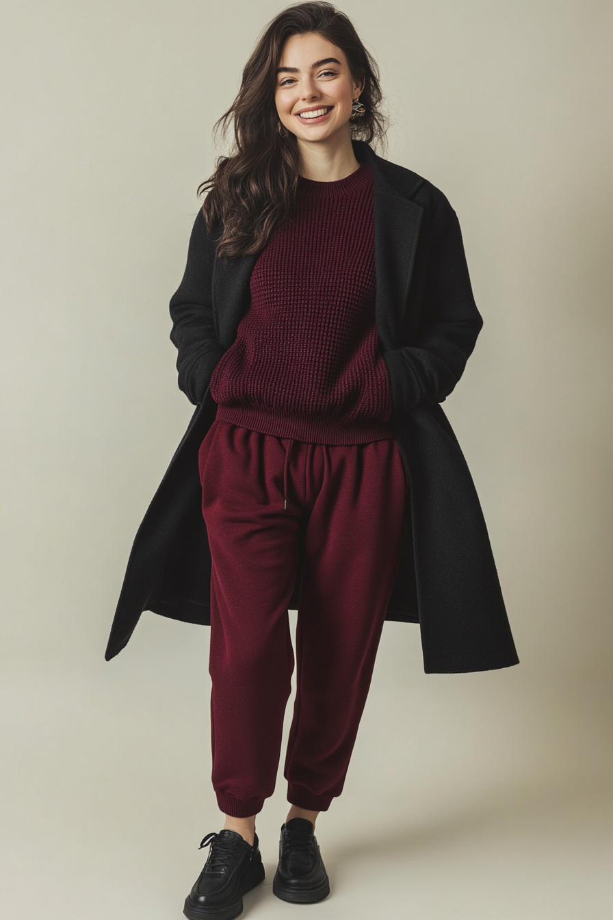 20. Moody Deep Burgundy (Sweater And Sweatpants Outfit Ideas) - Sweater And Sweatpants Outfit Ideas