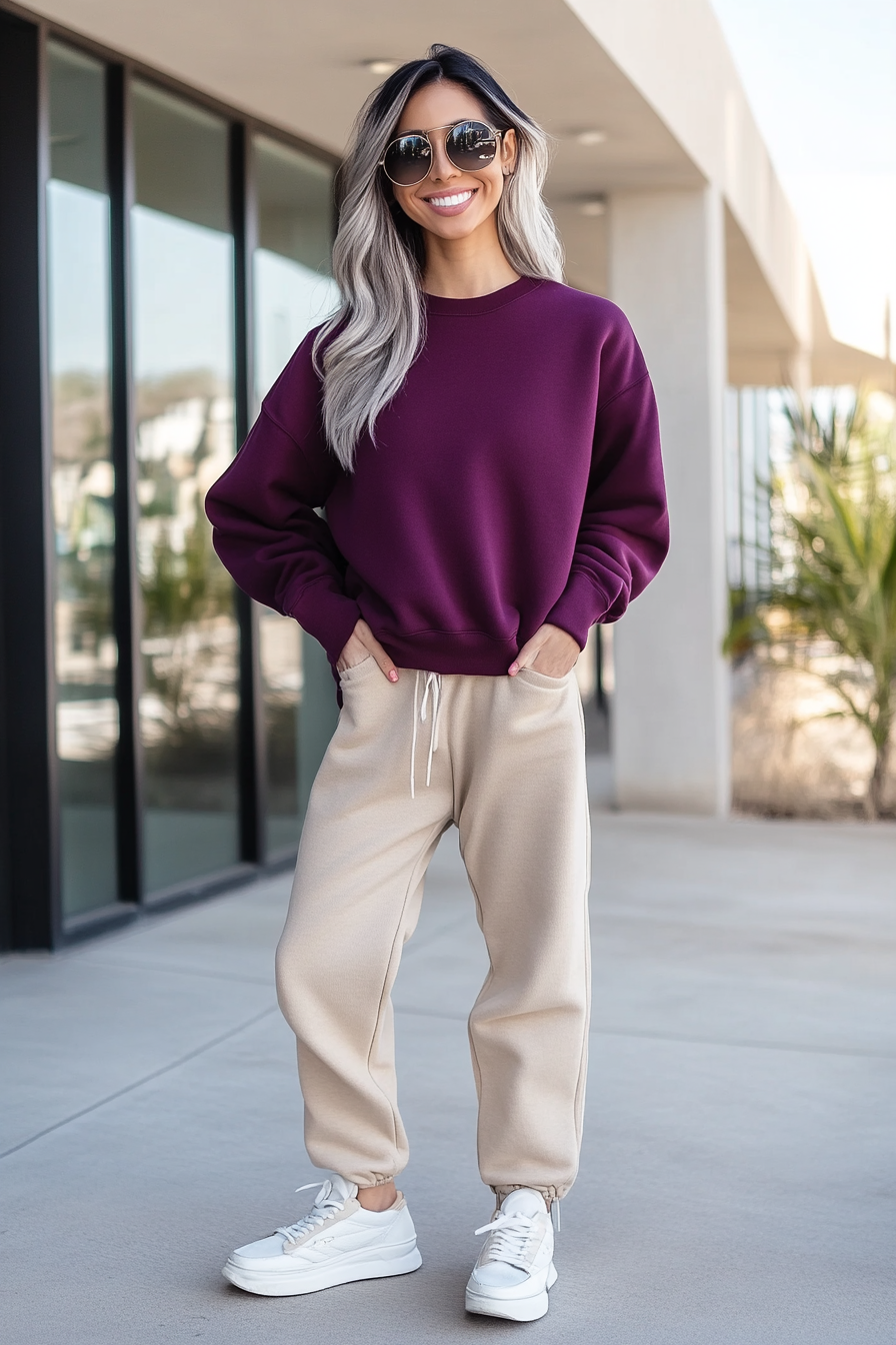 26. Retro-Inspired Plum & Beige (Sweater And Sweatpants Outfit Ideas) - Sweater And Sweatpants Outfit Ideas