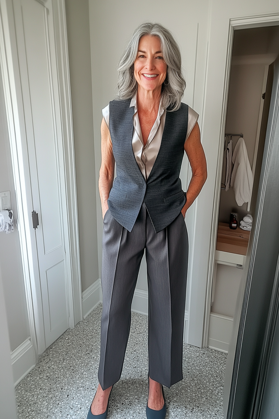 9. Tailored Vest & Wide-Leg Pants (Basic Outfits For Women Over 50) - Basic Outfits For Women Over 50