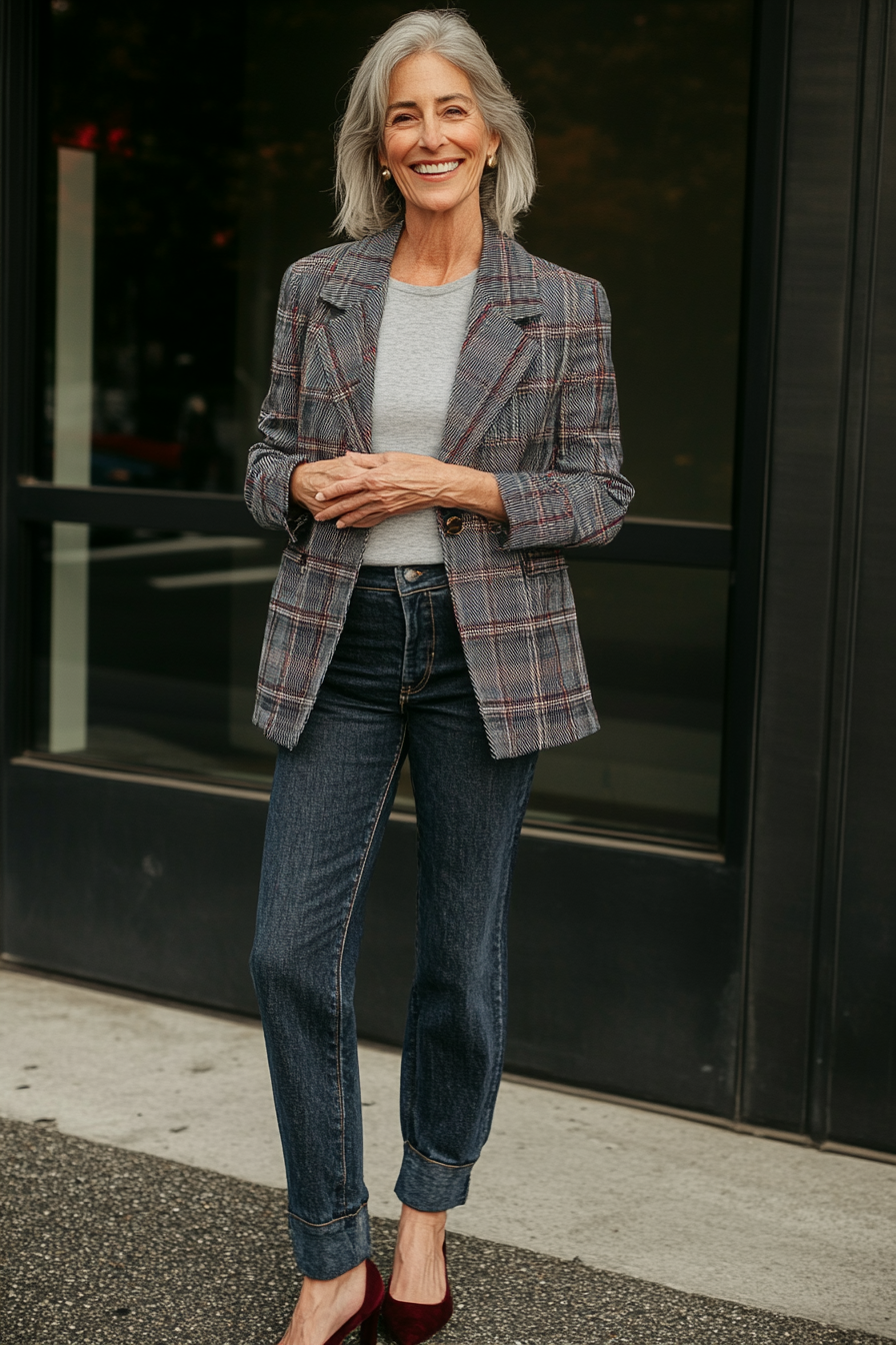 14. Casual Denim & Oversized Blazer (Basic Outfits For Women Over 50) - Basic Outfits For Women Over 50