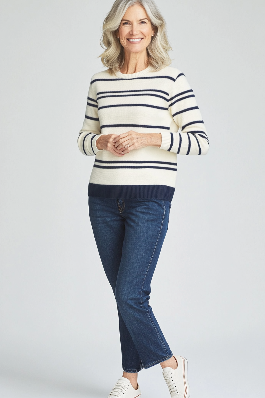 15. Weekend Striped Sweater & Relaxed Jeans (Basic Outfits For Women Over 50) - Basic Outfits For Women Over 50