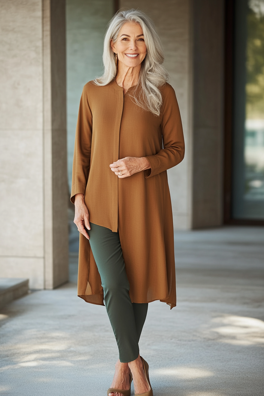 17. Minimalist Tunic & Slim Pants (Basic Outfits For Women Over 50) - Basic Outfits For Women Over 50