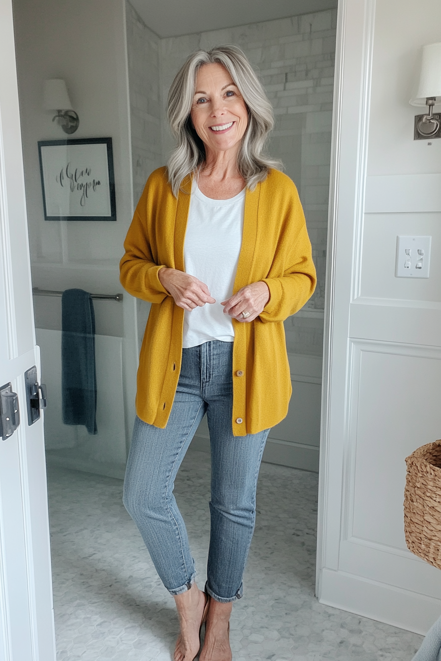 19. Soft Cardigan & Straight-Leg Jeans (Basic Outfits For Women Over 50) - Basic Outfits For Women Over 50