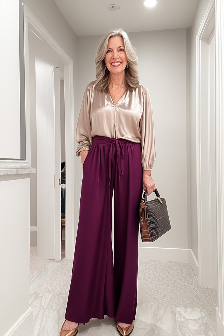 20. Elegant Palazzo Pants & Silk Blouse (Basic Outfits For Women Over 50) - Basic Outfits For Women Over 50