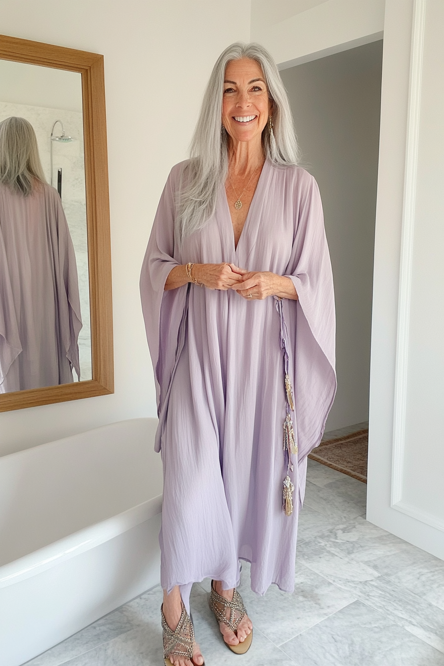 23. Breezy Kaftan & Statement Sandals (Basic Outfits For Women Over 50) - Basic Outfits For Women Over 50