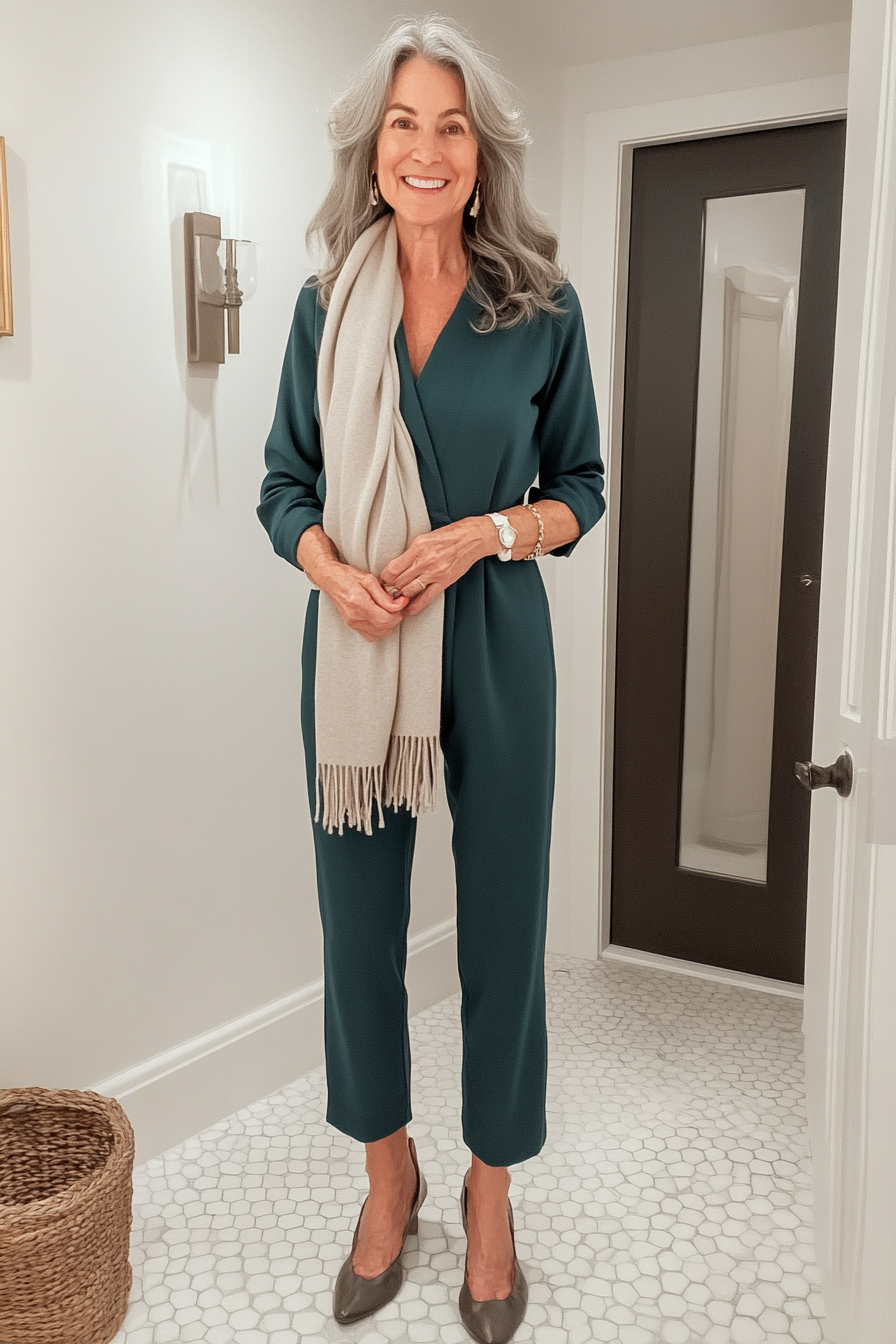 26. Relaxed Jumpsuit & Soft Scarf (Basic Outfits For Women Over 50) - Basic Outfits For Women Over 50