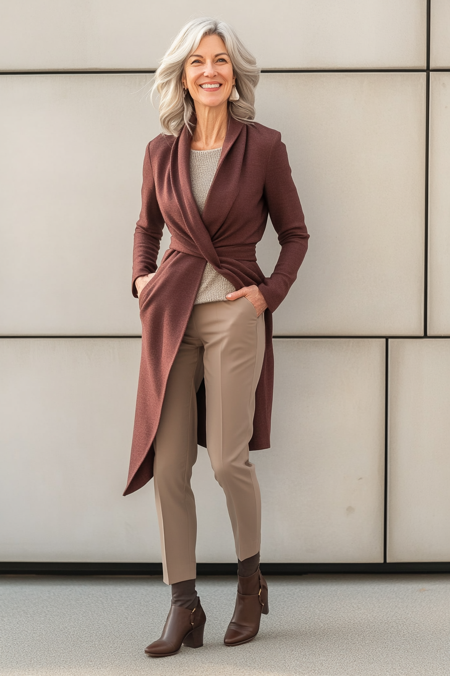 27. Modern Wrap Coat & Ankle Boots (Basic Outfits For Women Over 50) - Basic Outfits For Women Over 50