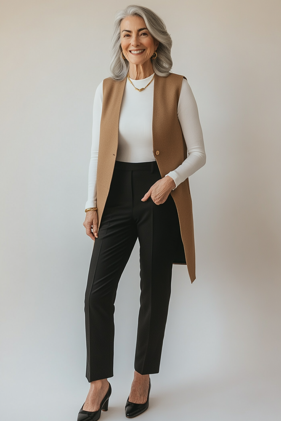 7. Layered Longline Vest Look (Great Outfits For Women Over 50) - Great Outfits For Women Over 50