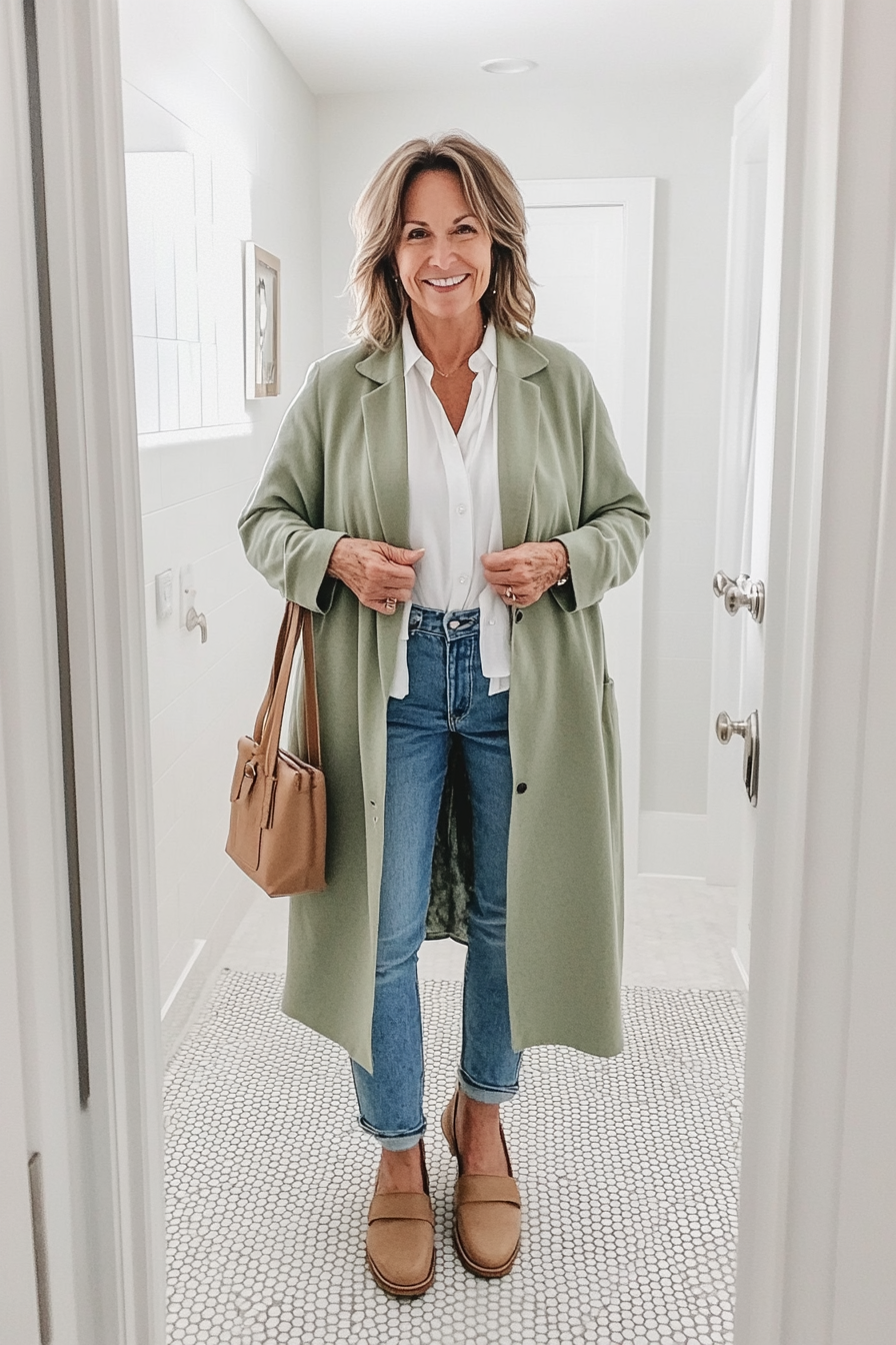 23. Relaxed Denim & Duster Coat (Great Outfits For Women Over 50) - Great Outfits For Women Over 50