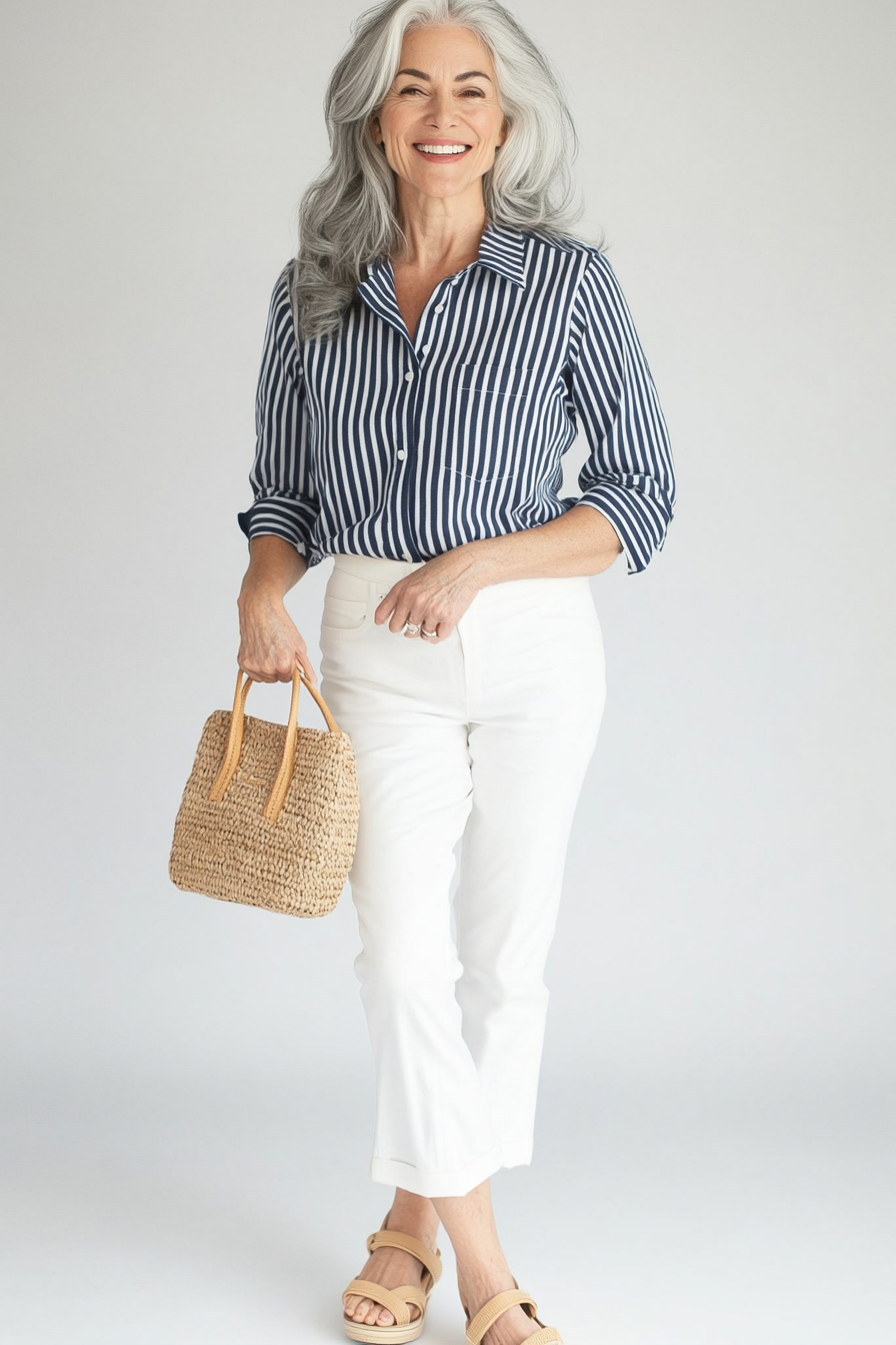 24. Casual Striped Shirt Look (Great Outfits For Women Over 50) - Great Outfits For Women Over 50