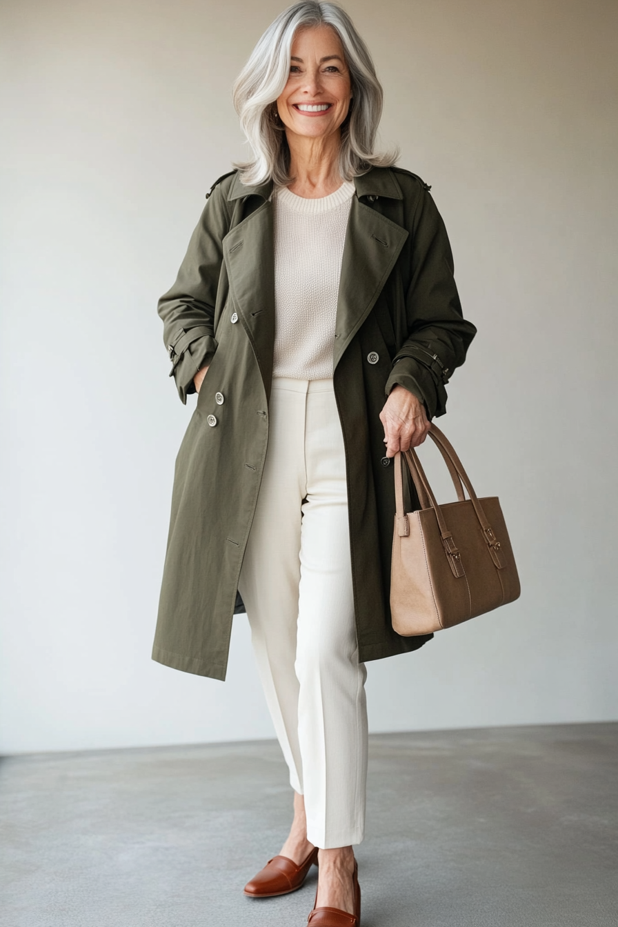 1. Timeless Trench & Tailored Trousers (Hip Outfits For Women Over 50) - Hip Outfits For Women Over 50