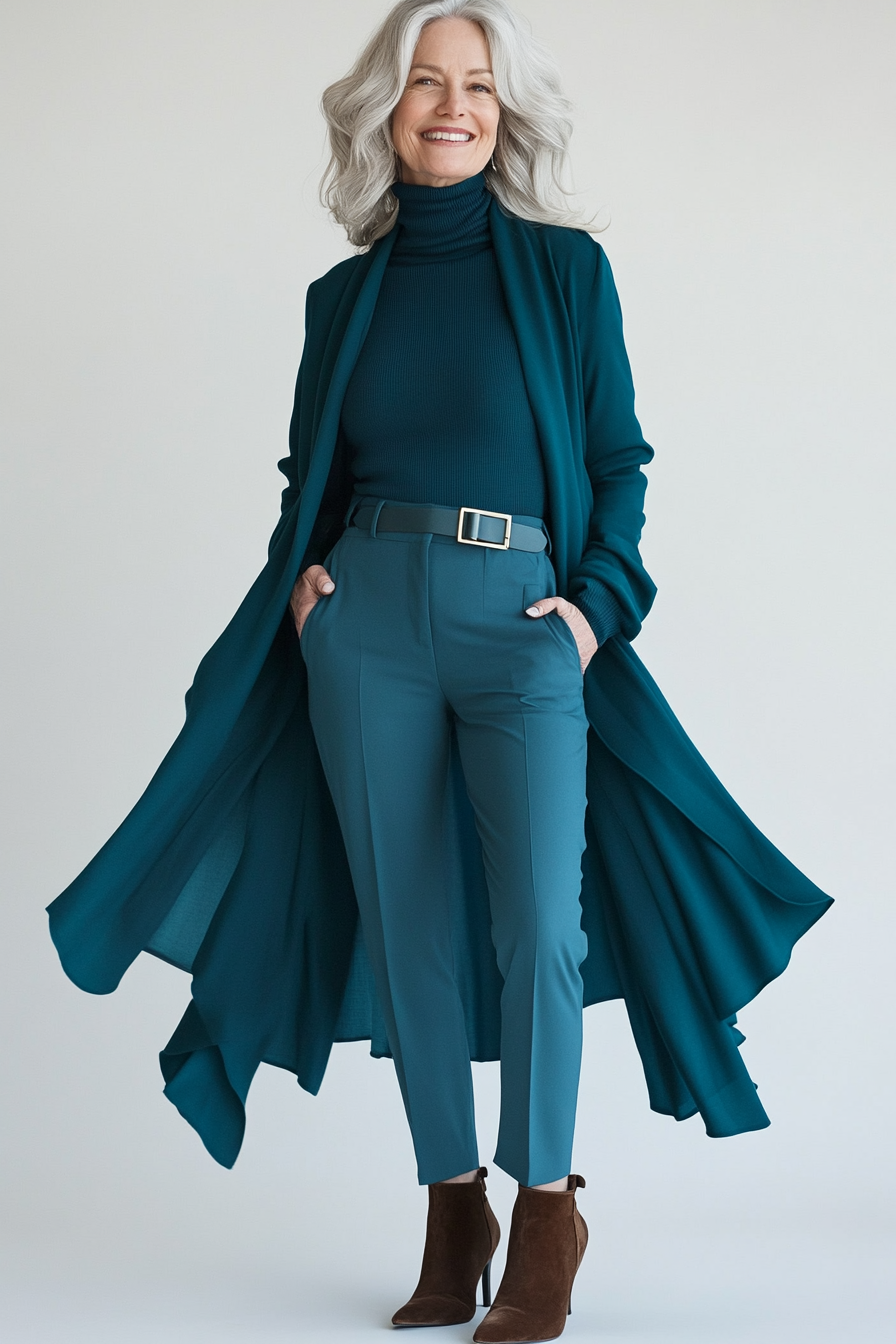 4. Layered Chic with a Duster Coat (Hip Outfits For Women Over 50) - Hip Outfits For Women Over 50