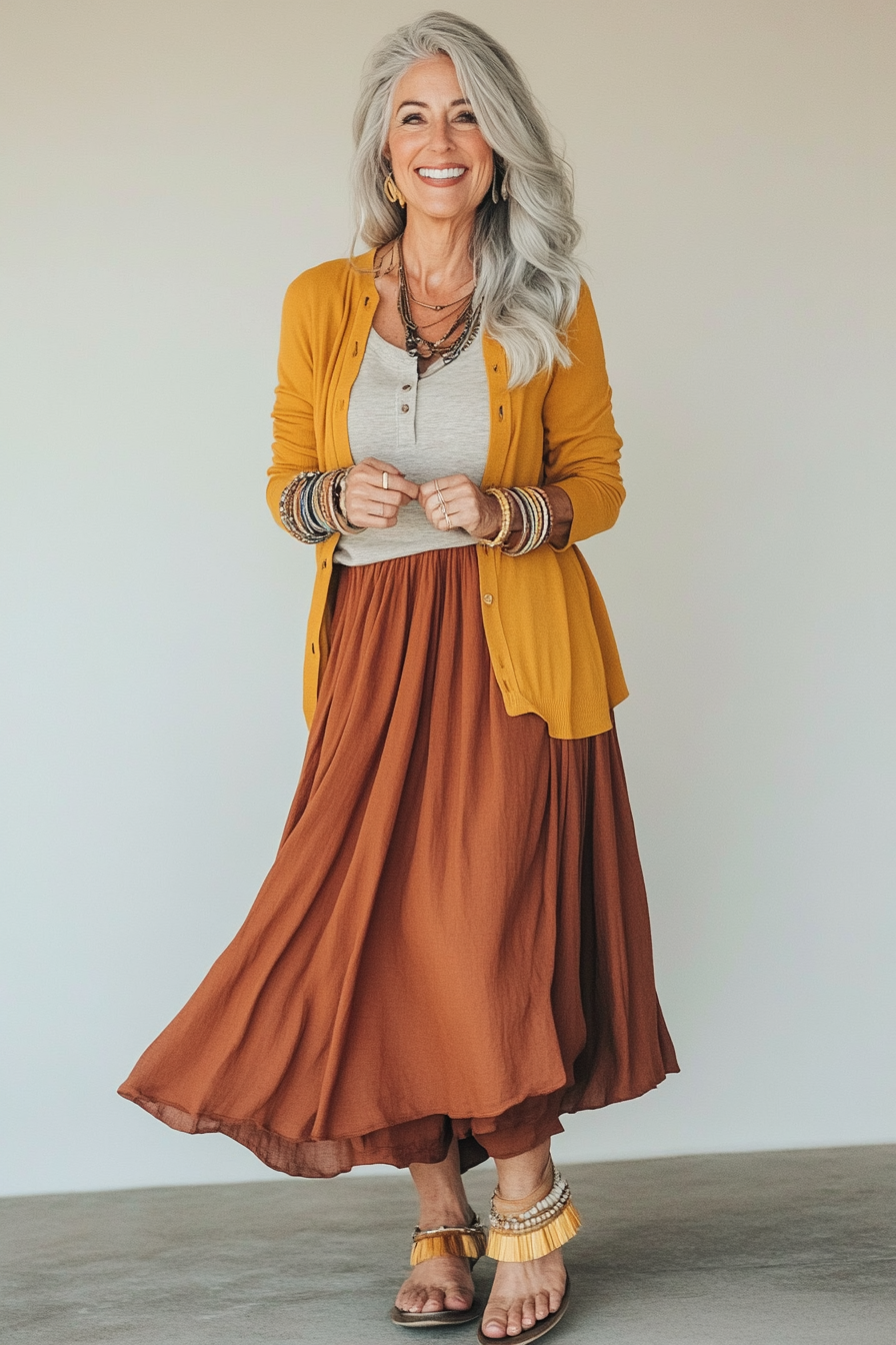 6. Bohemian Layers with a Maxi Skirt (Hip Outfits For Women Over 50) - Hip Outfits For Women Over 50