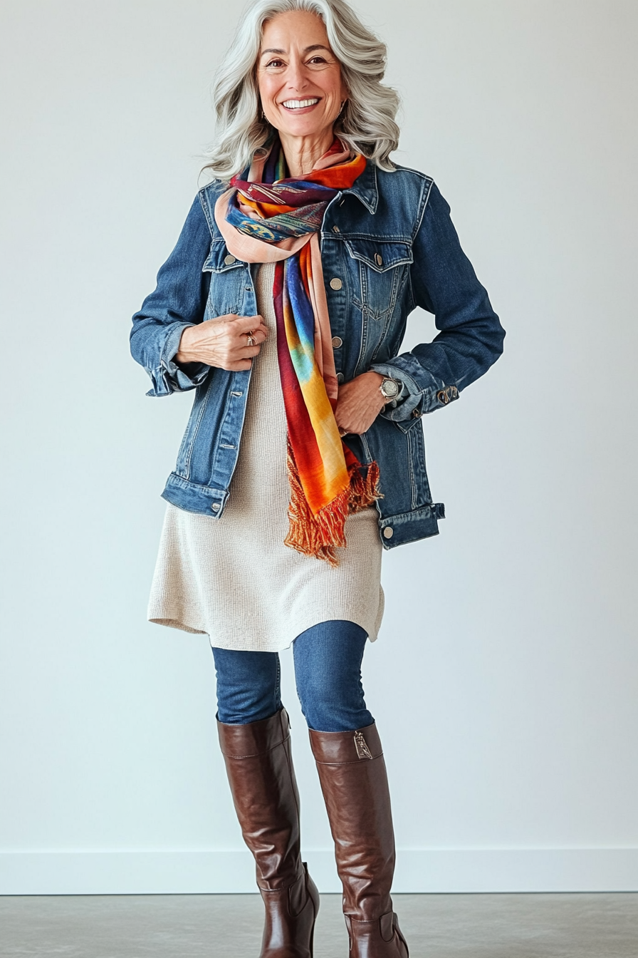 7. Denim and Luxe Layers (Hip Outfits For Women Over 50) - Hip Outfits For Women Over 50