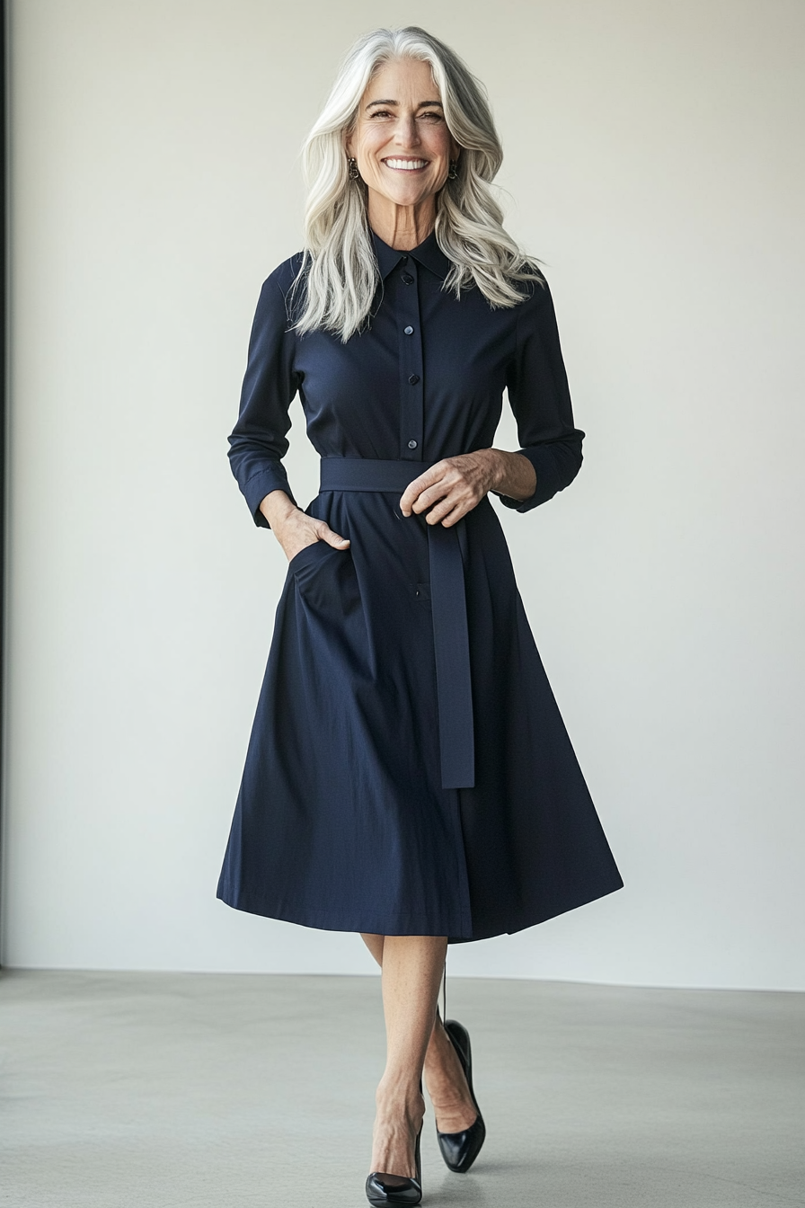 9. Structured Shirt Dress & Belted Waist (Hip Outfits For Women Over 50) - Hip Outfits For Women Over 50
