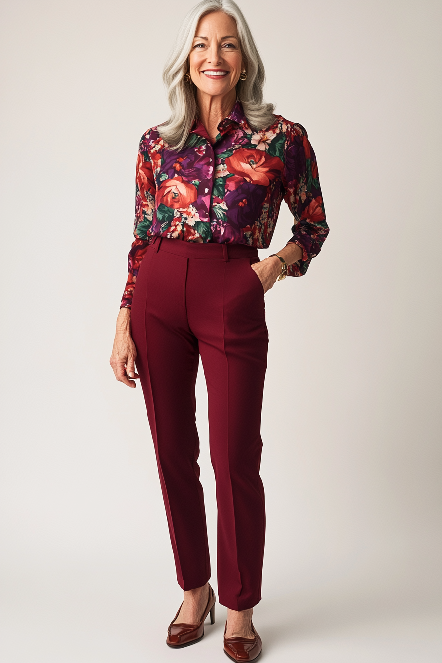 10. Vibrant Print Blouse & Trousers (Hip Outfits For Women Over 50) - Hip Outfits For Women Over 50