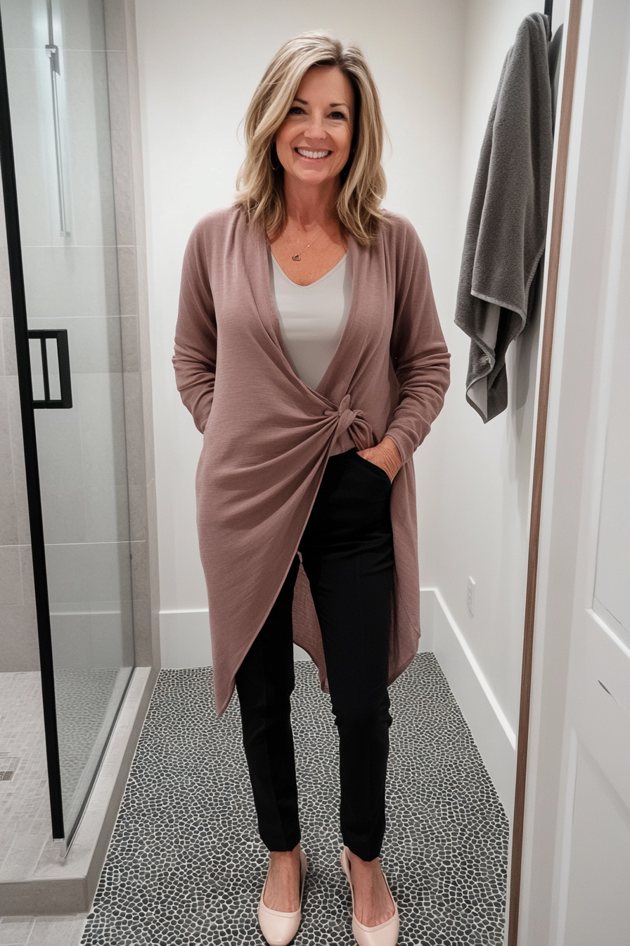 12. Cozy Wrap Cardigan & Slim Pants (Hip Outfits For Women Over 50) - Hip Outfits For Women Over 50