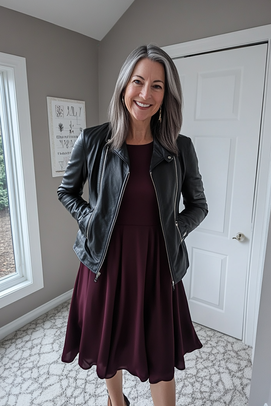 13. Edgy Leather Jacket & Flowy Dress (Hip Outfits For Women Over 50) - Hip Outfits For Women Over 50