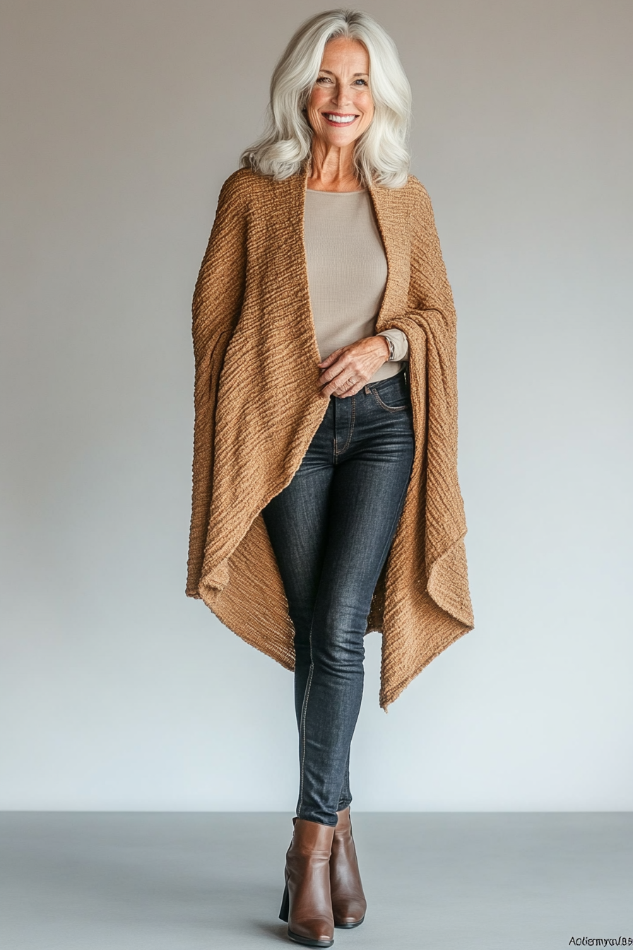 15. Chic Poncho & Skinny Jeans (Hip Outfits For Women Over 50) - Hip Outfits For Women Over 50