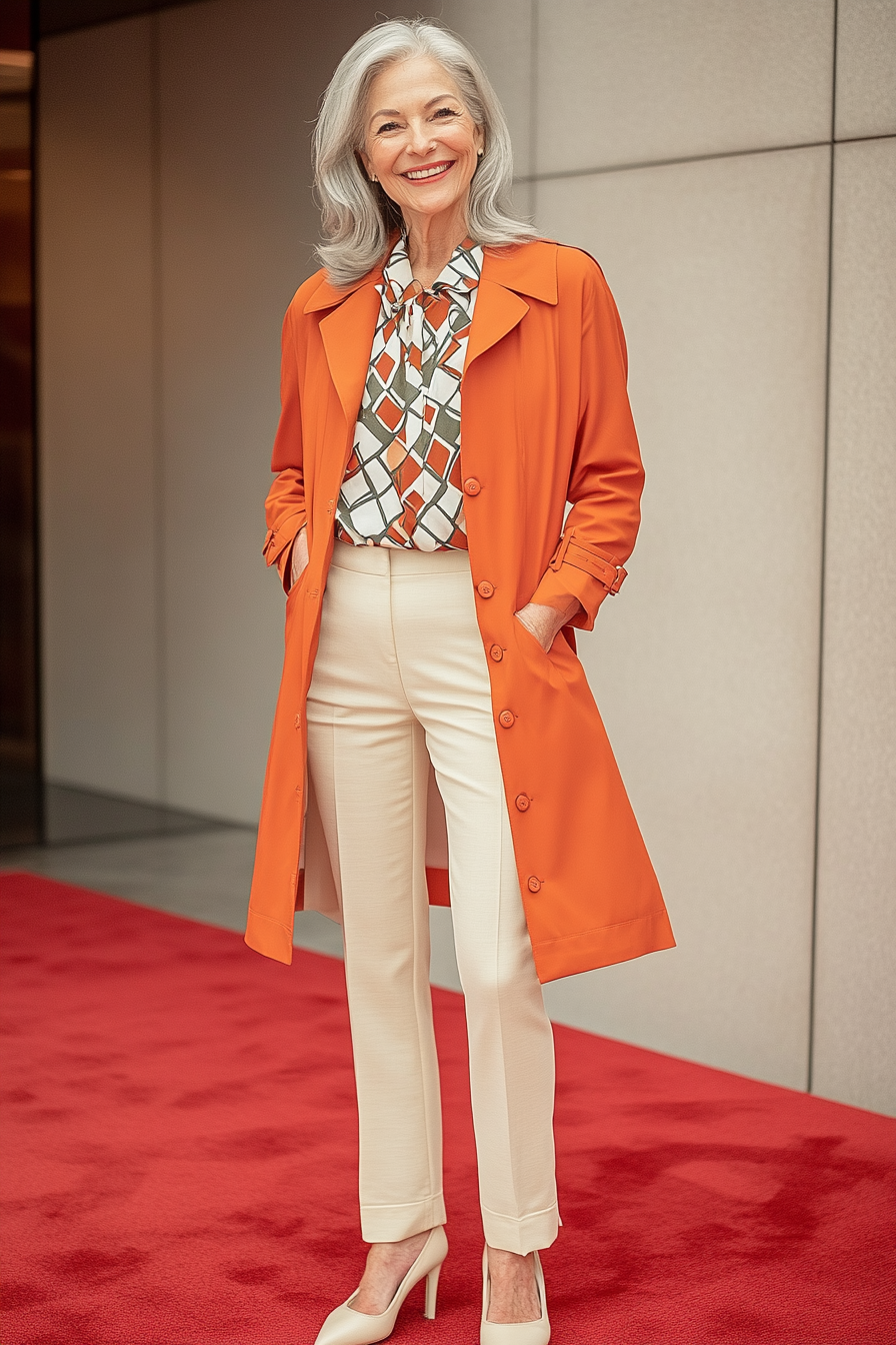 16. Statement Trench & Bold Prints (Hip Outfits For Women Over 50) - Hip Outfits For Women Over 50