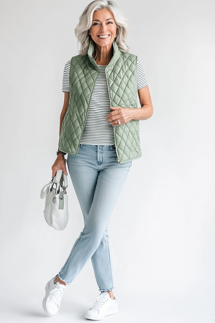 19. Sporty Chic with a Quilted Vest (Hip Outfits For Women Over 50) - Hip Outfits For Women Over 50