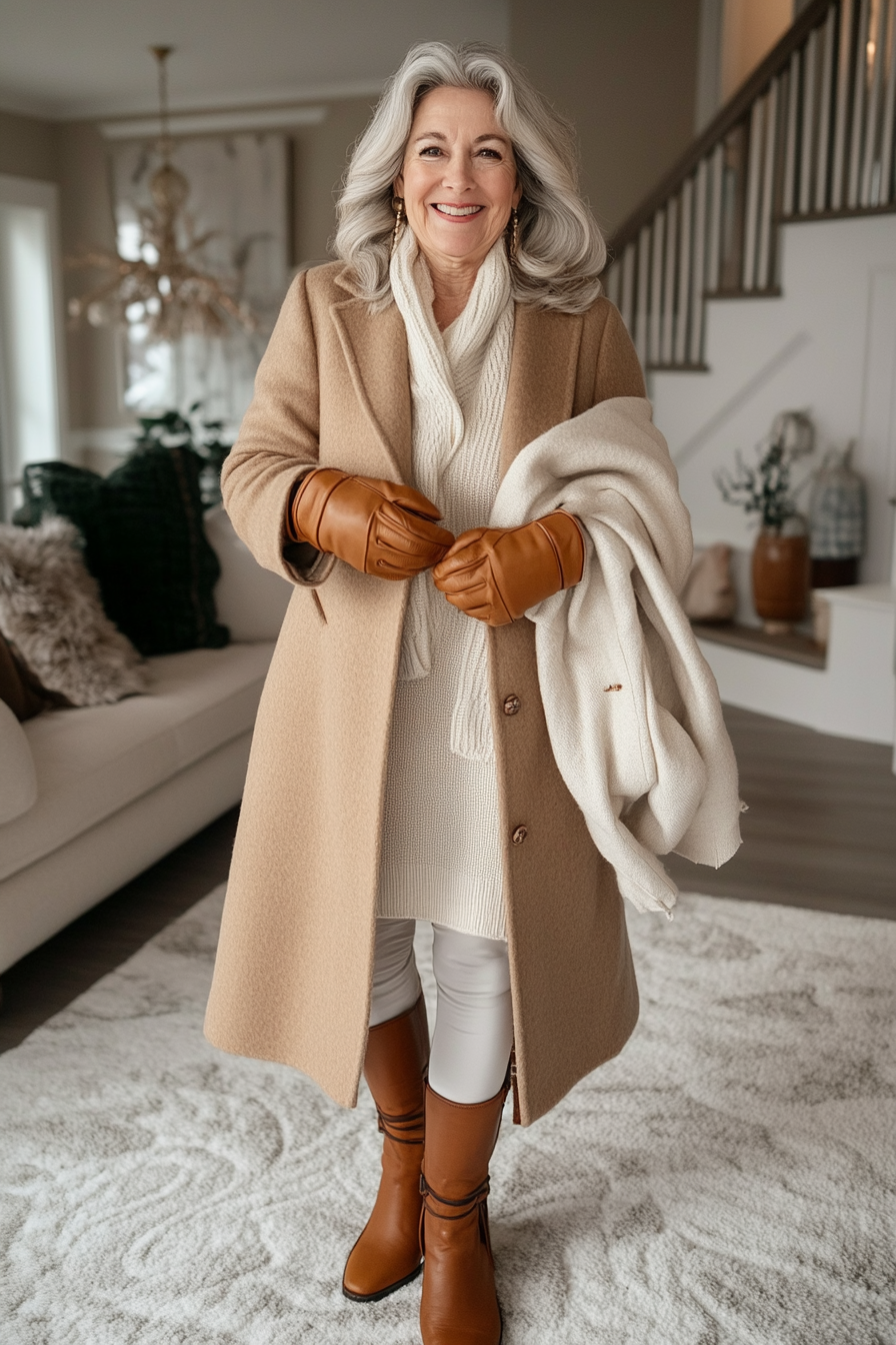 20. Classic Camel Coat & Winter Whites (Hip Outfits For Women Over 50) - Hip Outfits For Women Over 50