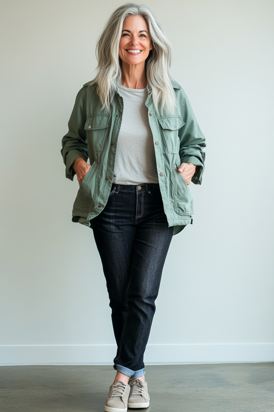 24. Relaxed Utility Jacket & Jeans (Hip Outfits For Women Over 50) - Hip Outfits For Women Over 50
