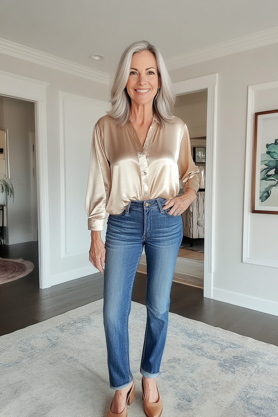 26. Relaxed Blouse & Straight-Leg Jeans (Hip Outfits For Women Over 50) - Hip Outfits For Women Over 50