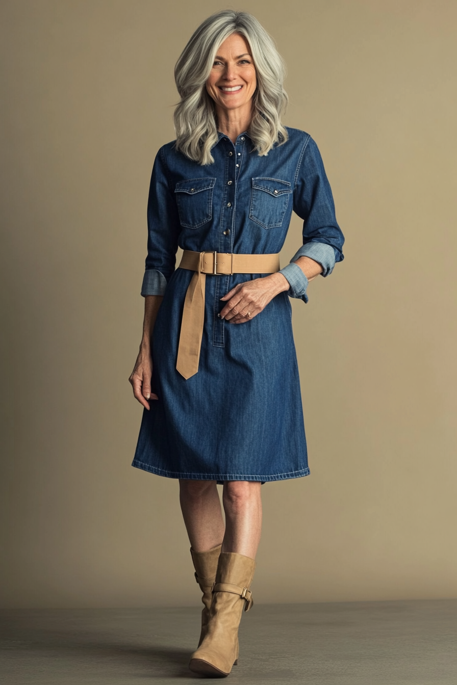 1. Classic Indigo Shirt Dress (Denim Dress Outfits For Women Over 50) - Denim Dress Outfits For Women Over 50