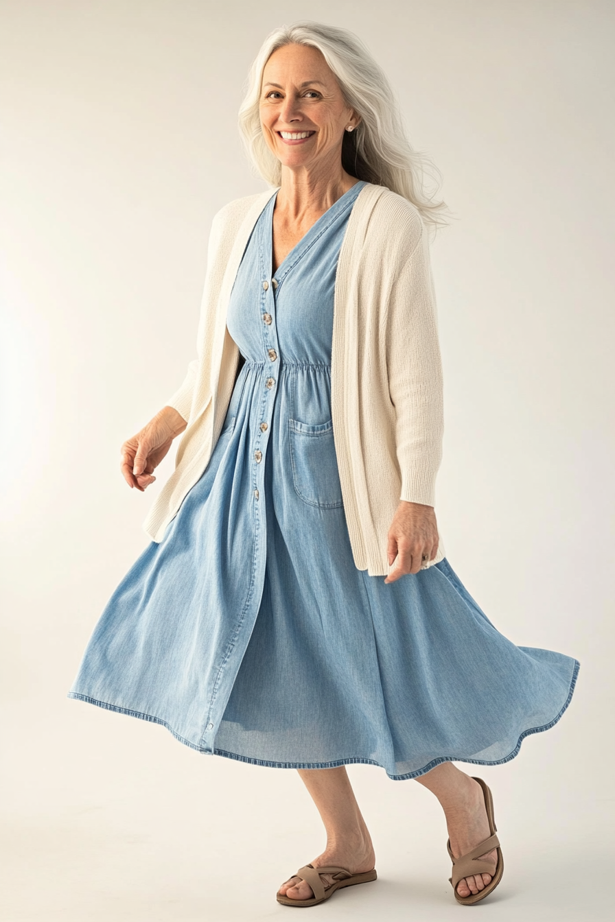 2. Soft Blue Maxi Flow (Denim Dress Outfits For Women Over 50) - Denim Dress Outfits For Women Over 50