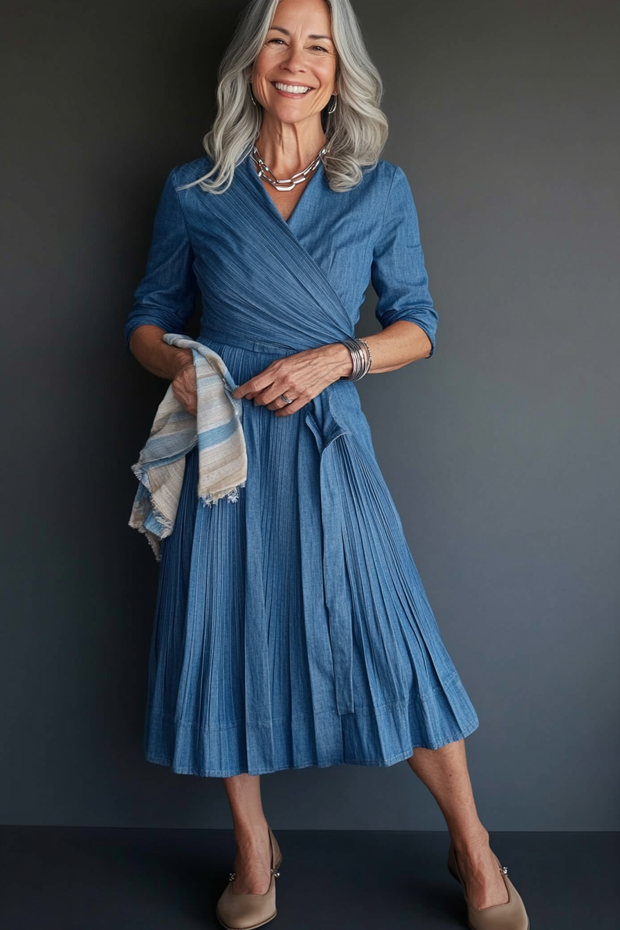 4. Denim Wrap Elegance (Denim Dress Outfits For Women Over 50) - Denim Dress Outfits For Women Over 50