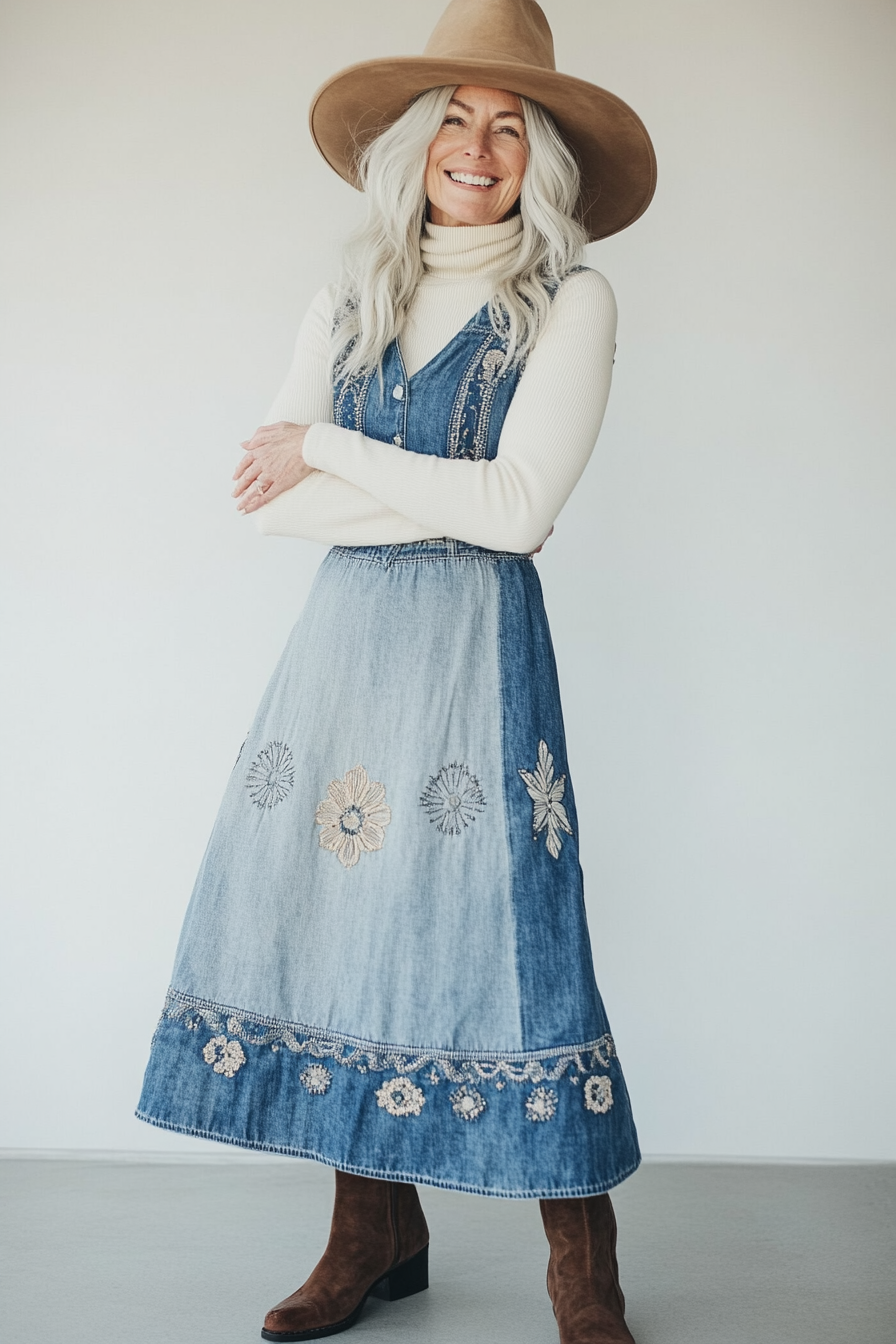 6. Boho Denim Layers (Denim Dress Outfits For Women Over 50) - Denim Dress Outfits For Women Over 50