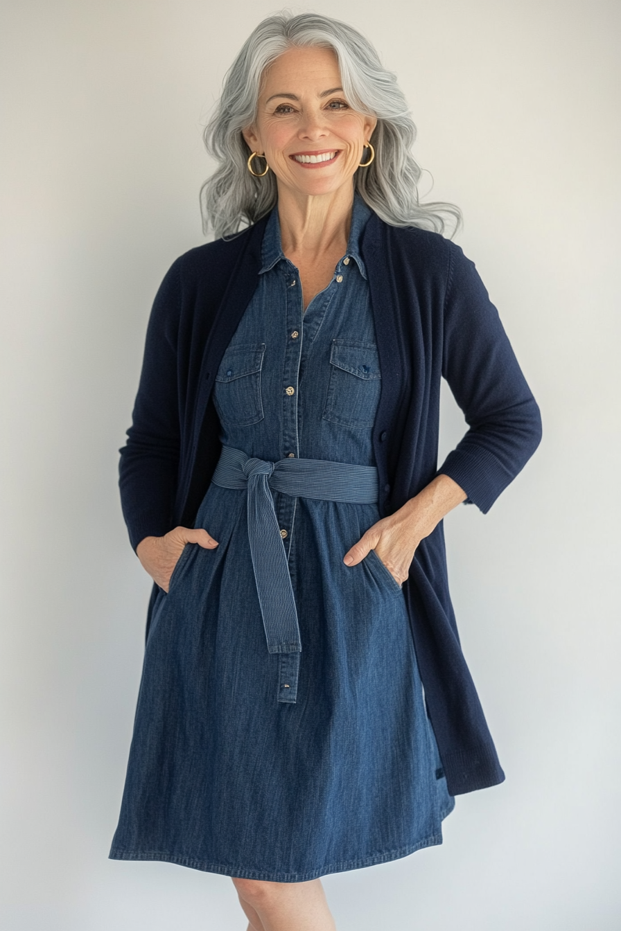 9. Belted Mid-Length Charm (Denim Dress Outfits For Women Over 50) - Denim Dress Outfits For Women Over 50