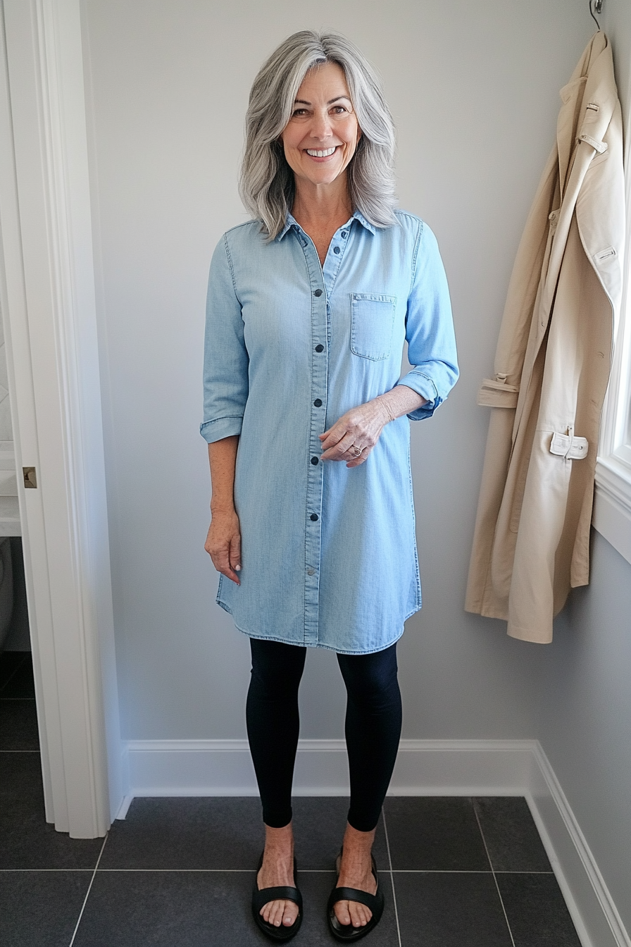 10. Button-Front Tunic Style (Denim Dress Outfits For Women Over 50) - Denim Dress Outfits For Women Over 50
