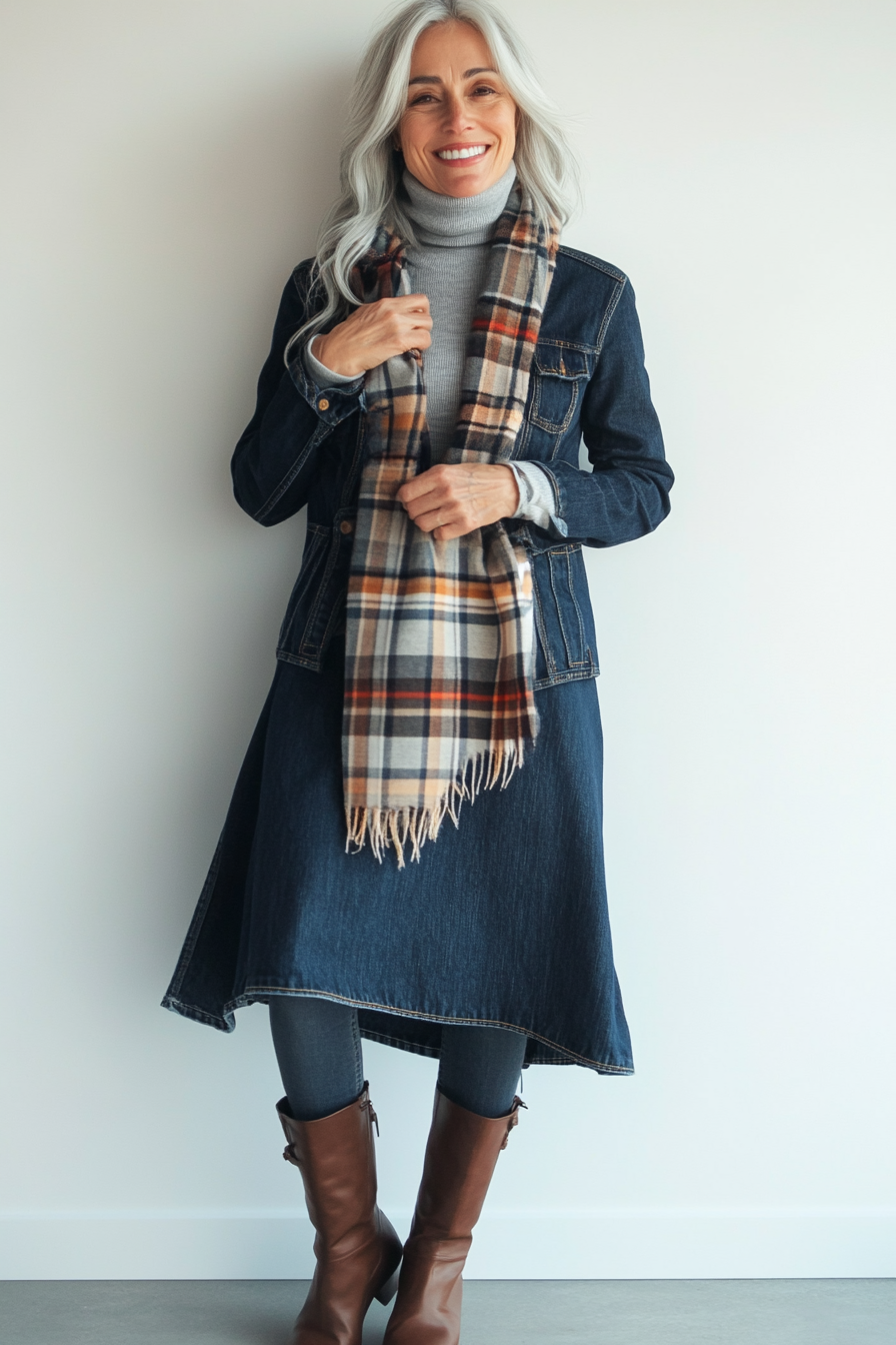 12. Layered Turtleneck Classic (Denim Dress Outfits For Women Over 50) - Denim Dress Outfits For Women Over 50