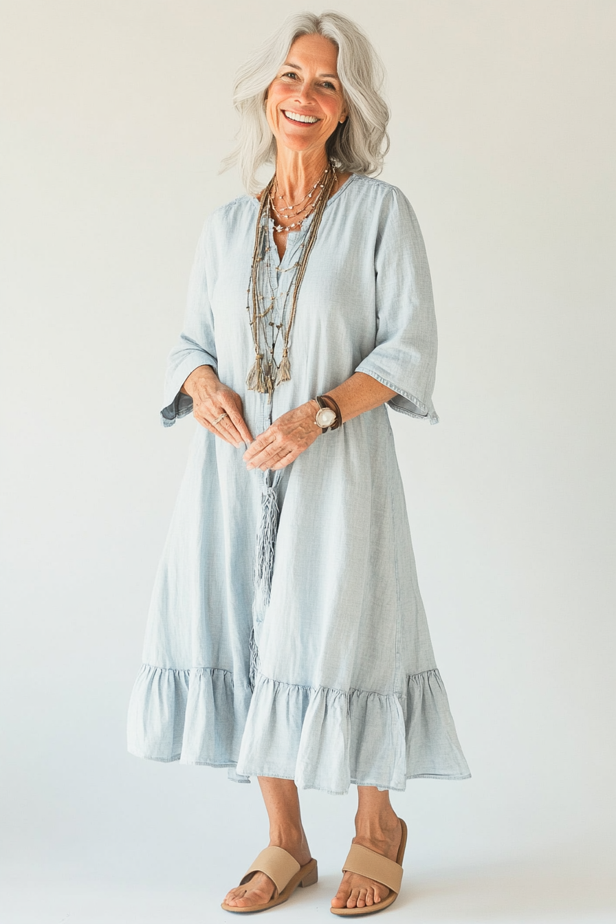 14. Flowy Peasant Style (Denim Dress Outfits For Women Over 50) - Denim Dress Outfits For Women Over 50