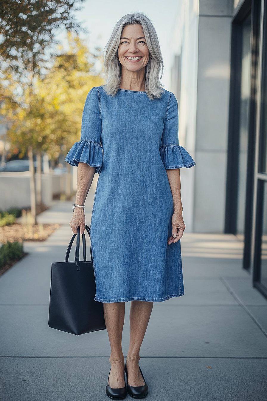 15. Cropped Sleeve Sophistication (Denim Dress Outfits For Women Over 50) - Denim Dress Outfits For Women Over 50