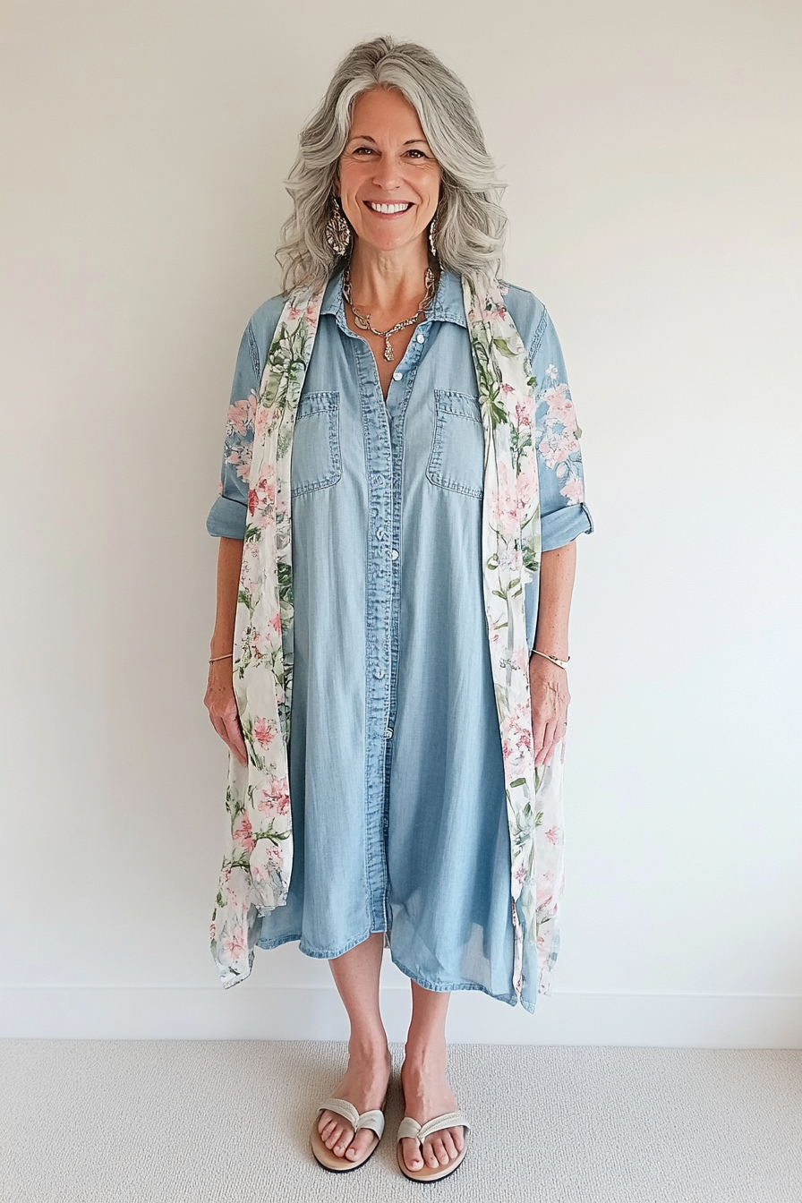 16. Spring Floral Layer (Denim Dress Outfits For Women Over 50) - Denim Dress Outfits For Women Over 50