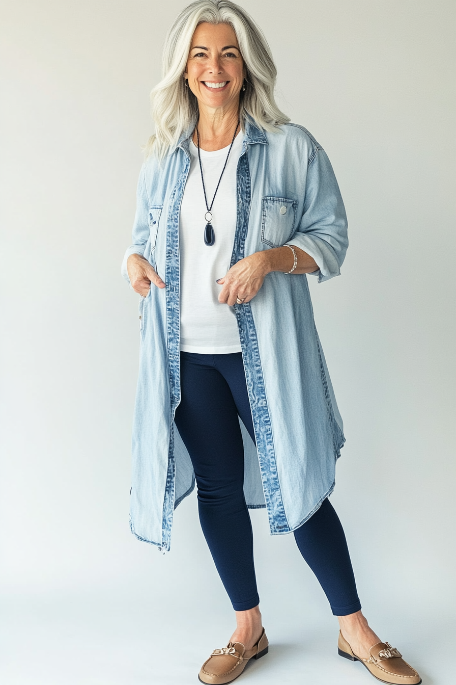17. Denim Duster Combo (Denim Dress Outfits For Women Over 50) - Denim Dress Outfits For Women Over 50