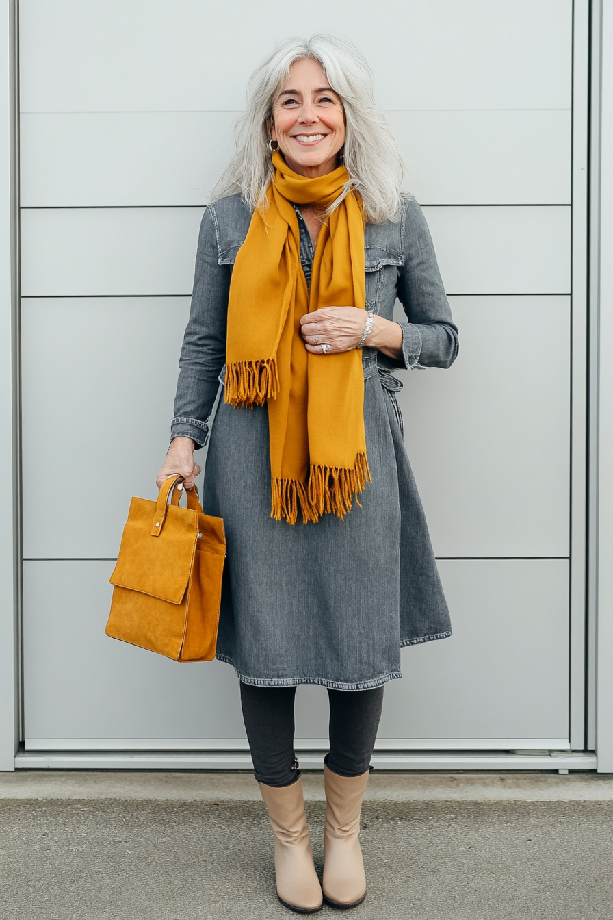 18. Color Pop Accessories (Denim Dress Outfits For Women Over 50) - Denim Dress Outfits For Women Over 50