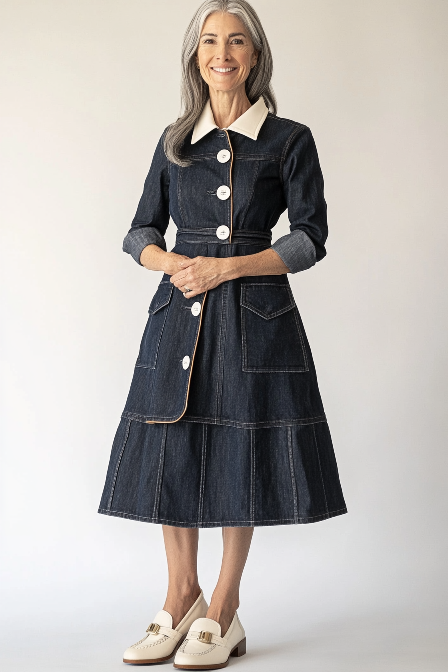 19. Structured Collar Elegance (Denim Dress Outfits For Women Over 50) - Denim Dress Outfits For Women Over 50