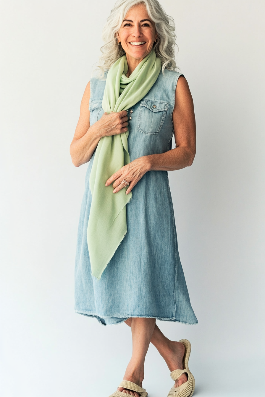 20. Summer Scarf Accent (Denim Dress Outfits For Women Over 50) - Denim Dress Outfits For Women Over 50