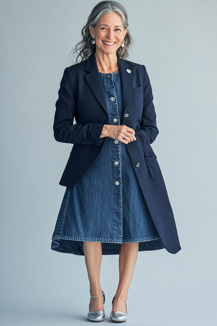 21. Denim Midi & Blazer Duo (Denim Dress Outfits For Women Over 50) - Denim Dress Outfits For Women Over 50