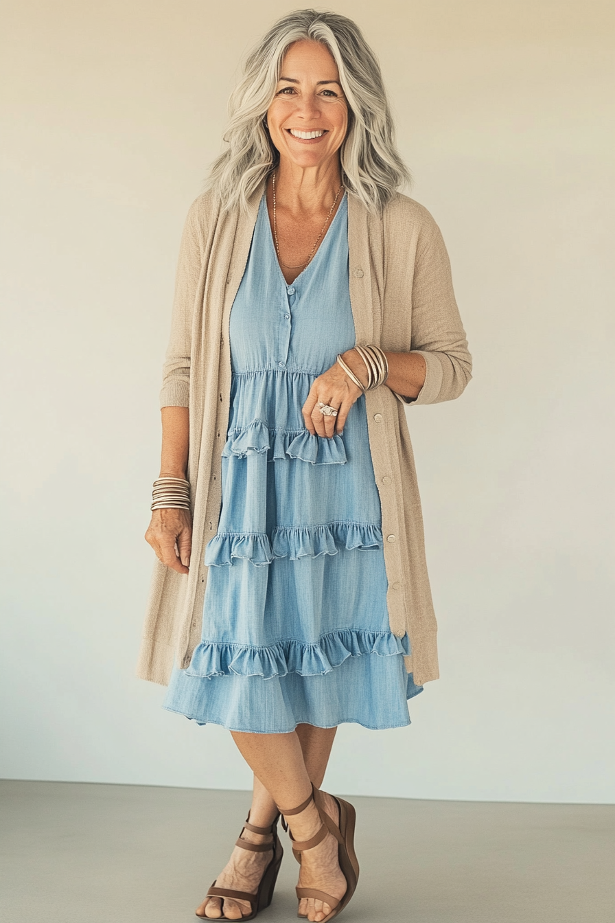 22. Tiered Ruffle Detail (Denim Dress Outfits For Women Over 50) - Denim Dress Outfits For Women Over 50